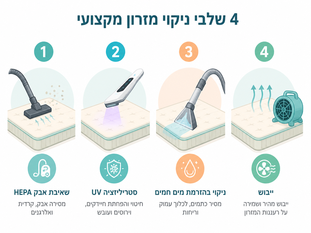 ניקוי מזרן עם ריחות זיעה: איך מסירים ריח עומק בלי לעטוף את החדר בכימיקלים