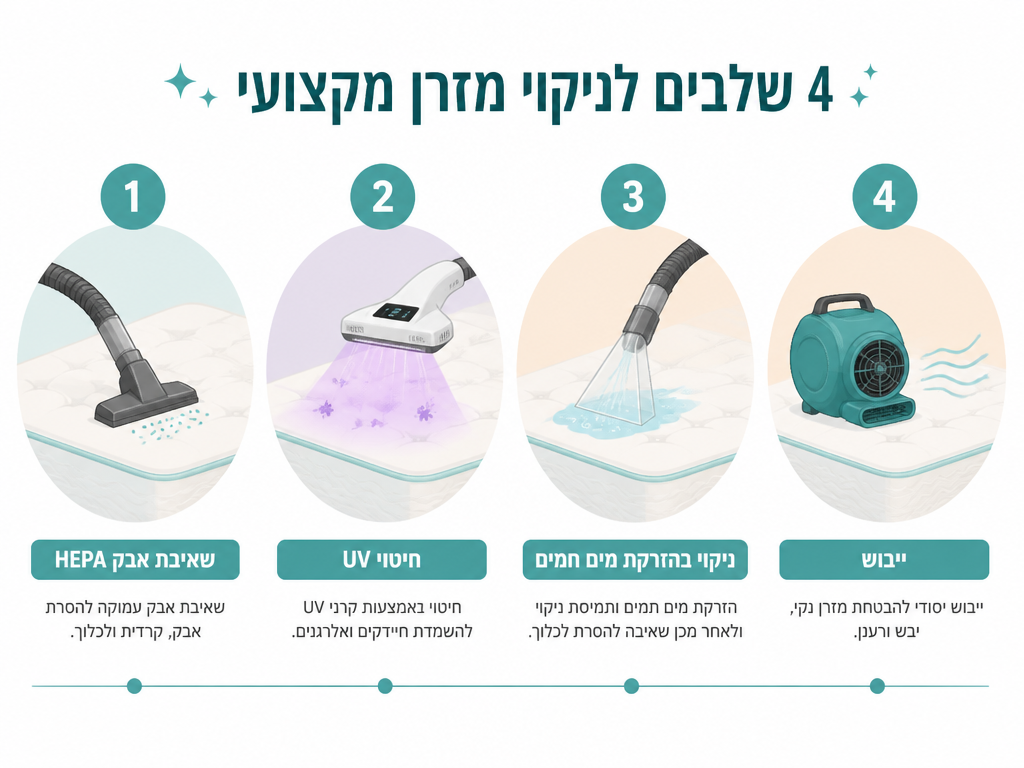ניקוי מזרן זוגי בבית: התהליך המקצועי, זמני ייבוש ומחיר ב-2026