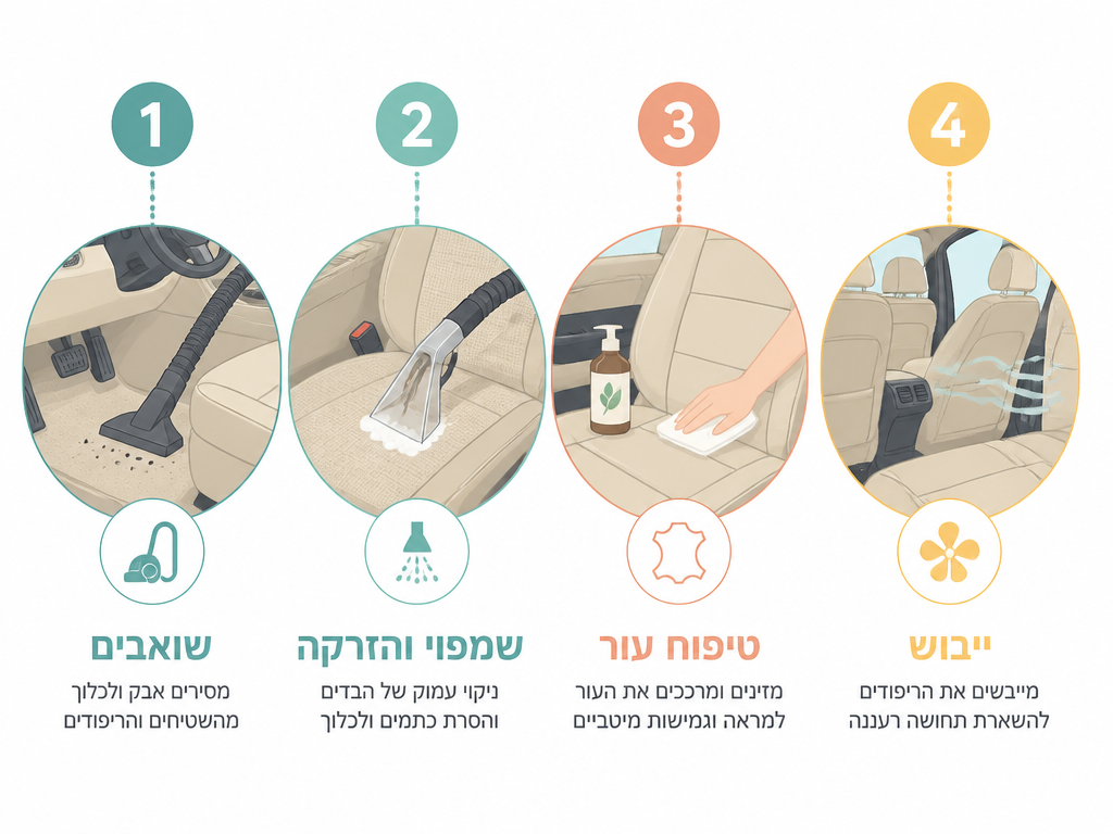 ניקוי פנים רכב אחרי יום בחוף: סלסול, חול בריפוד ושאריות מי מלח