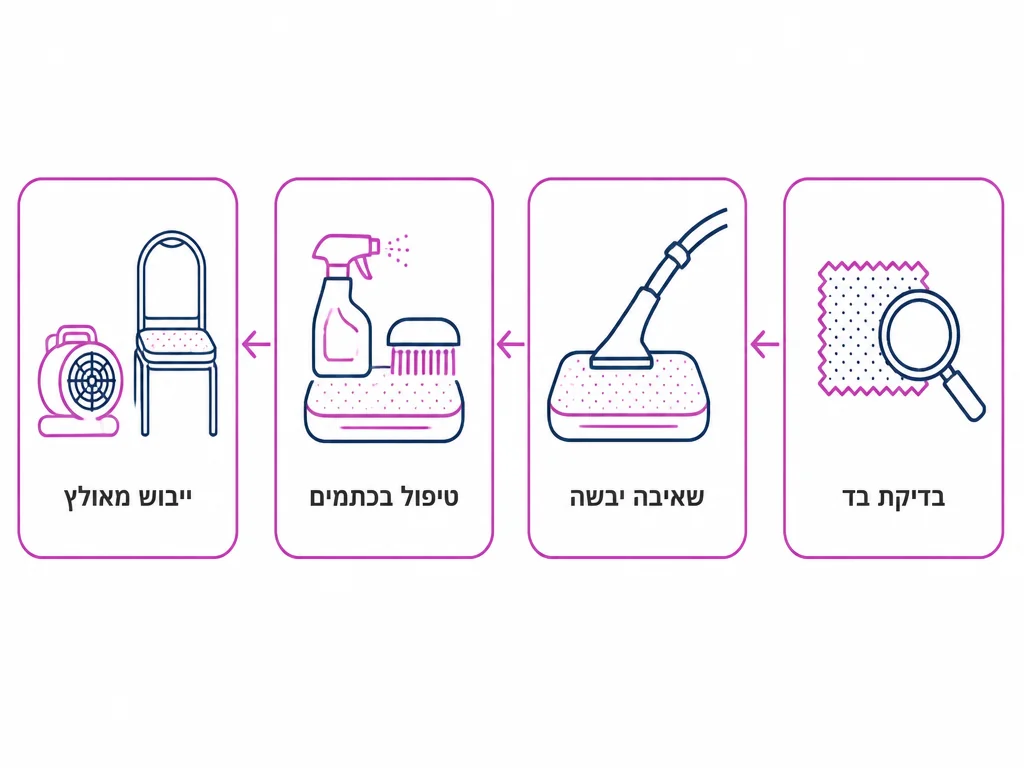 תרשים ארבעה שלבים בניקוי כסאות מרופדים באולם אירועים
