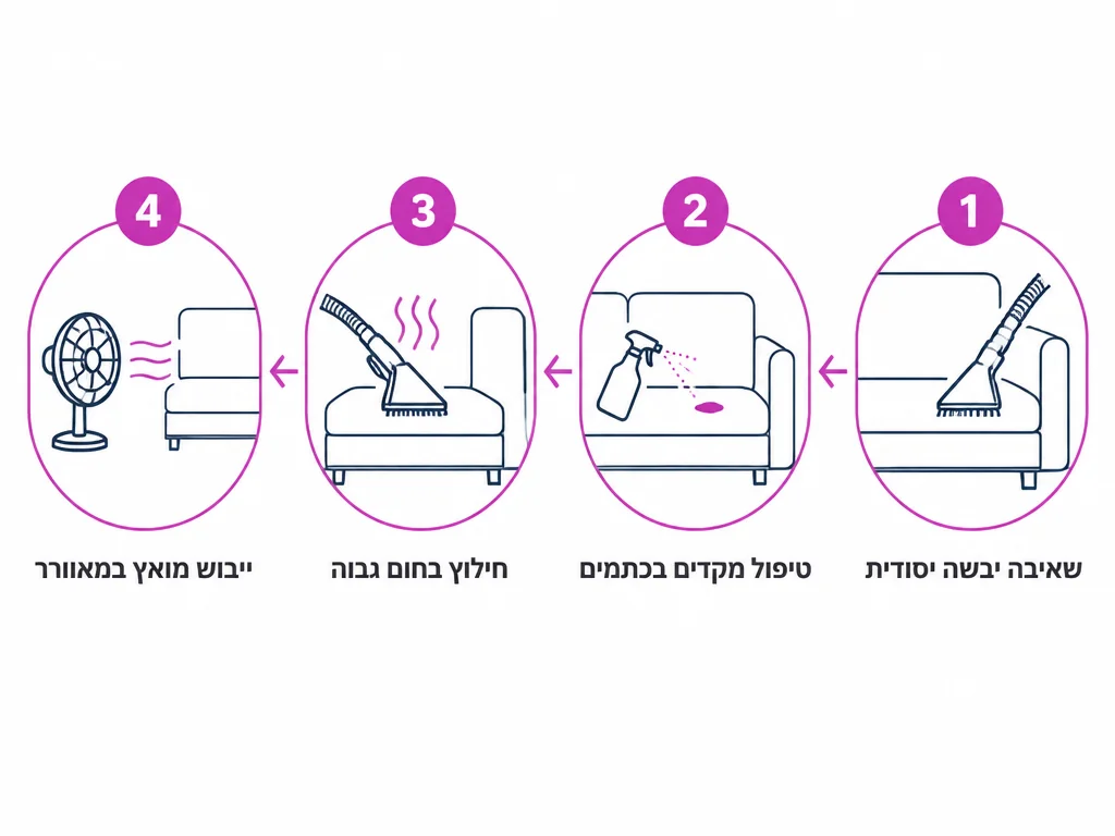 ארבעה שלבים בניקוי מקצועי של ספה בקליניקה משאיבה ועד ייבוש מואץ