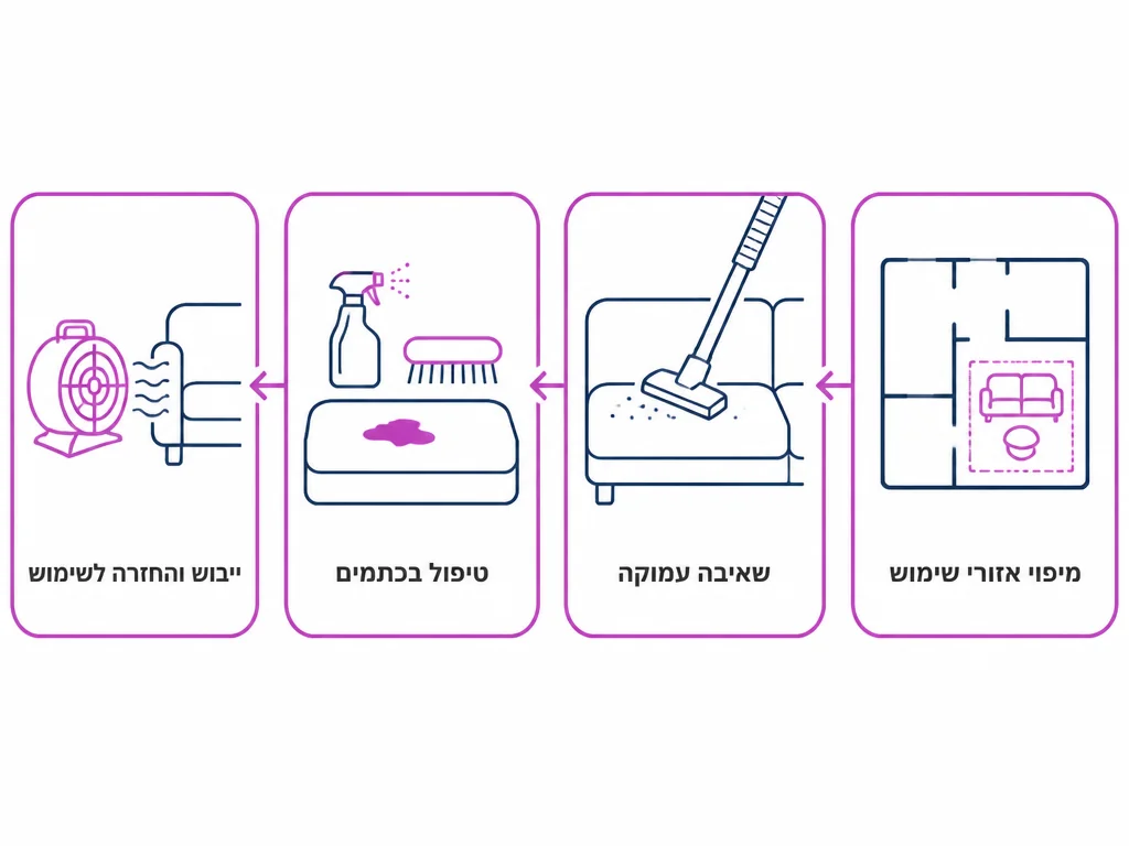 תרשים ארבעה שלבים בניקוי עומק לספות בחלל עבודה משותף