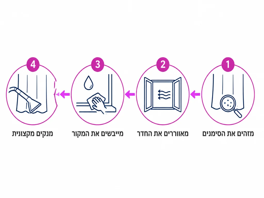 תרשים ארבעה שלבים לטיפול בעובש על וילון ליד חלון
