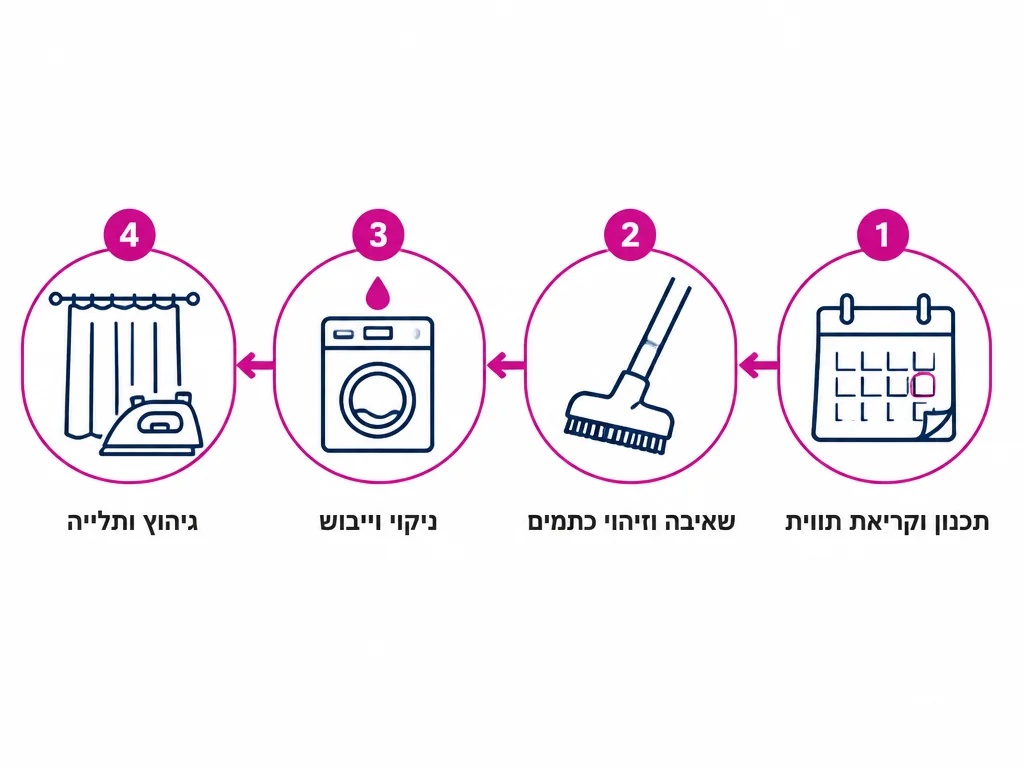 תרשים ארבעה שלבים להכנת וילונות לקראת אירוח בבית