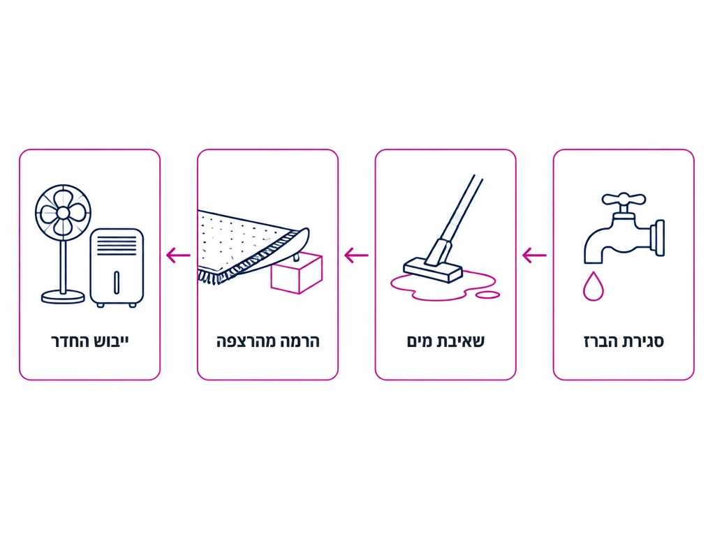תרשים ארבעה שלבים לטיפול בשטיח שספג מים בשעה הראשונה אחרי הצפה