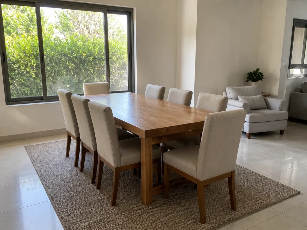 פינת אוכל עם כיסאות מרופדים נקיים ערוכה לקראת ארוחת החג