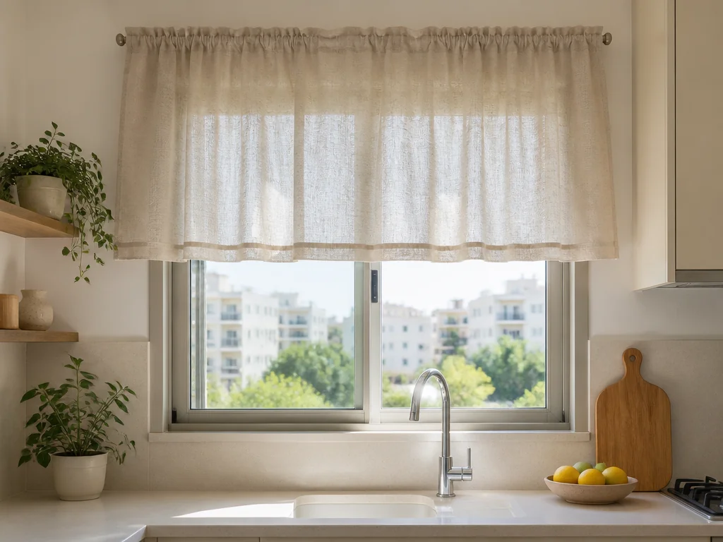 וילון בד בהיר תלוי בחלון מטבח ליד משטח העבודה