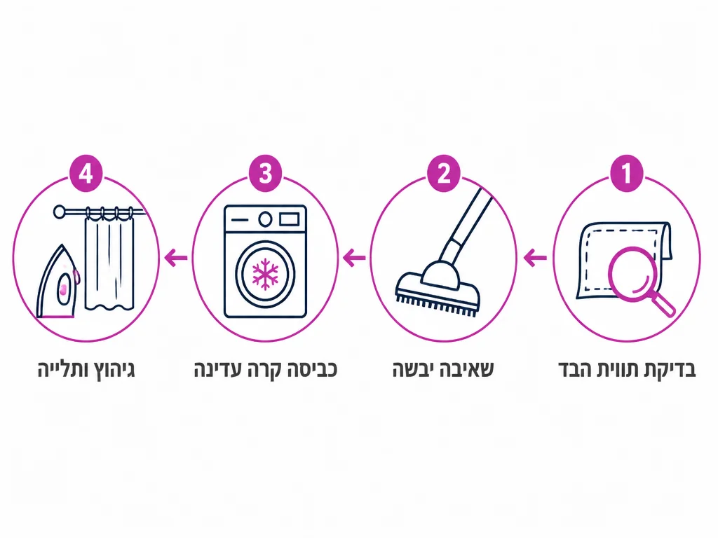 תרשים ארבעה שלבים לטיפול נכון בוילונות פשתן וכותנה בבית