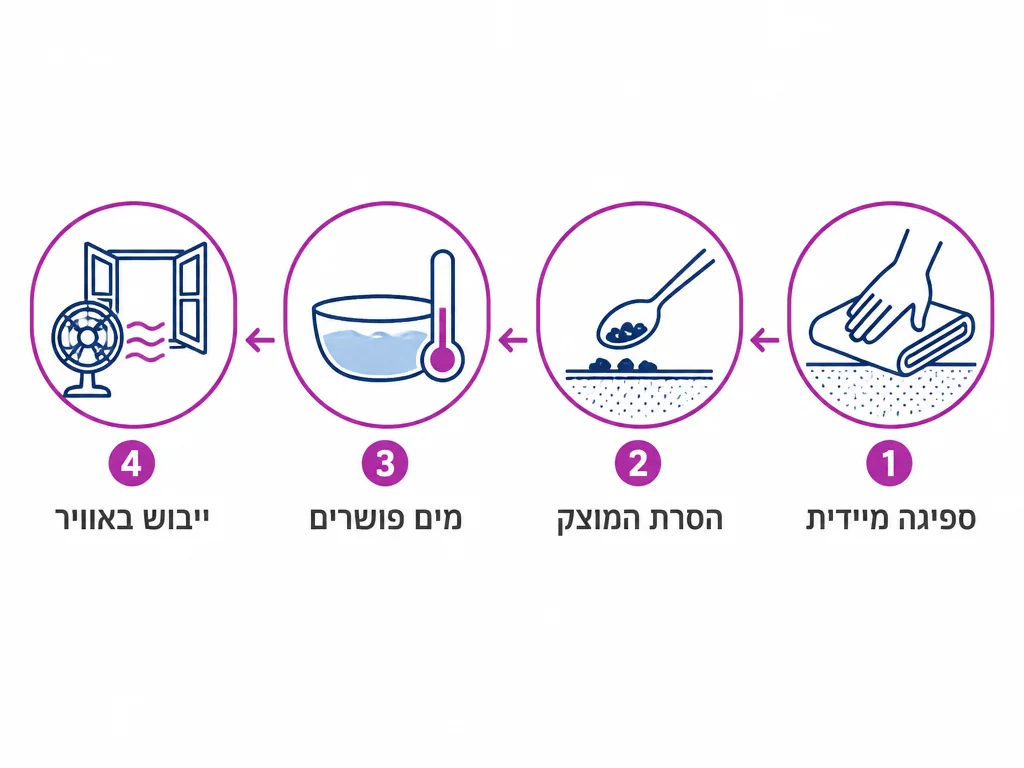 תרשים ארבעה שלבים לטיפול מיידי בכתם חלב על כורסת הנקה