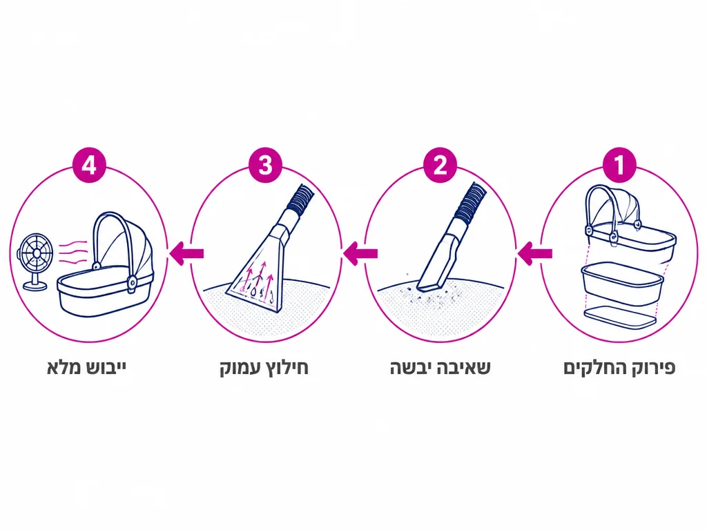 תרשים ארבעה שלבים בניקוי עמוק של ריפוד עגלת אמבטיה לתינוק