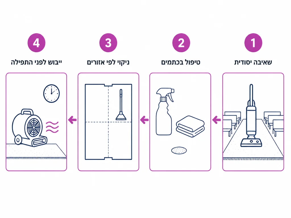 ארבעה שלבים לניקוי שטיח באולם גדול לפי סדר עבודה