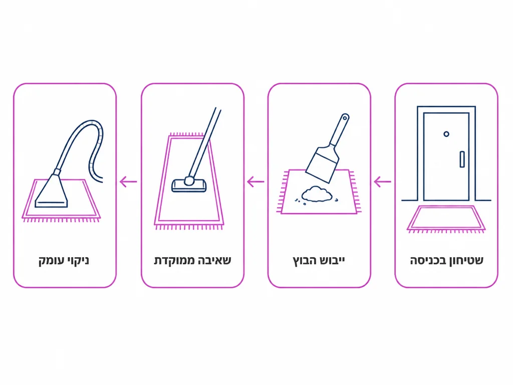 תרשים ארבעה שלבים להתמודדות עם בוץ בשטיחים בעונת הגשמים