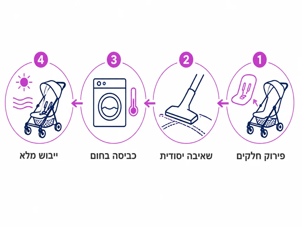 תרשים ארבעה שלבים בסדר הנכון לחיטוי עגלת תינוק