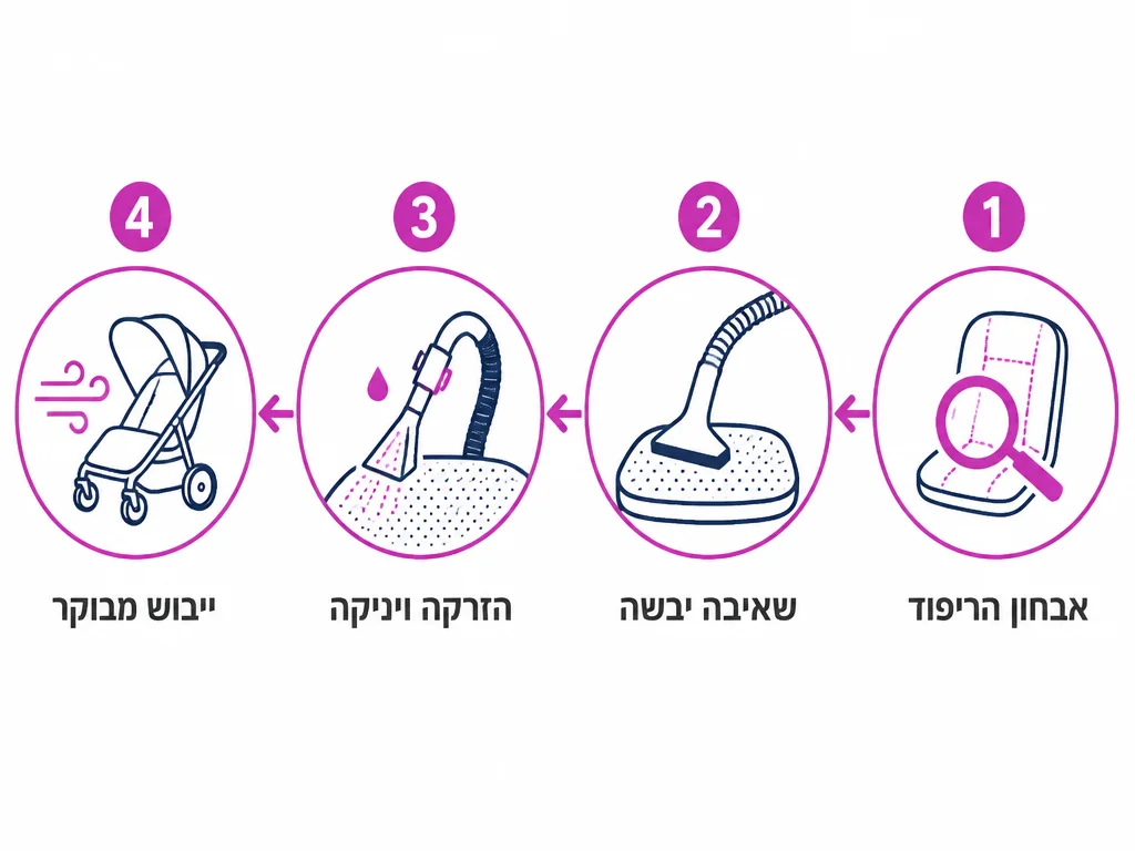 תרשים ארבעה שלבים בניקוי מקצועי של עגלת תינוק