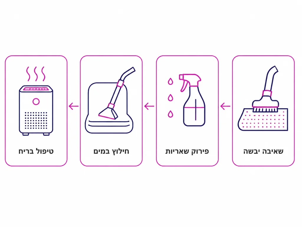 תרשים ארבעה שלבים בניקוי ריפודים שספגו עשן וריח אחרי שריפה