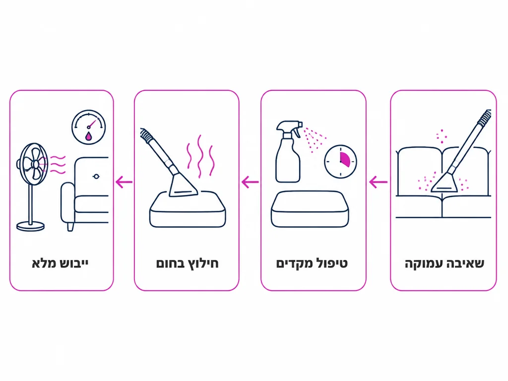תרשים ארבעה שלבים בניקוי עומק של ספת בד להפחתת חיידקים ואלרגנים