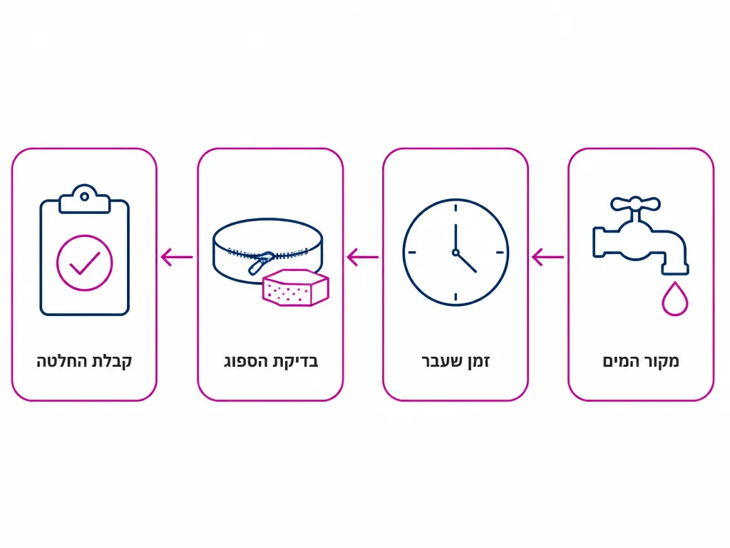 תרשים ארבעה שלבים בהערכת ספה שספגה מים לפני החלטה על שיקום או החלפה