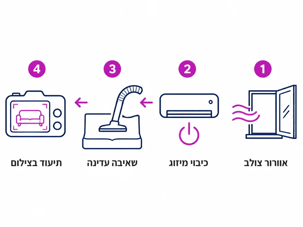 תרשים ארבעה שלבים לטיפול נכון בשעה הראשונה אחרי שפיח נח על הריפוד