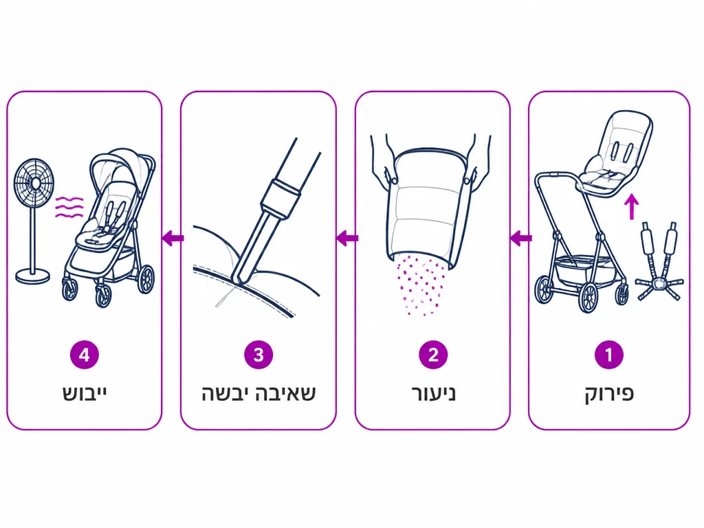 תרשים ארבעה שלבים לניקוי עגלת תינוק בערב שאחרי יום בחוף