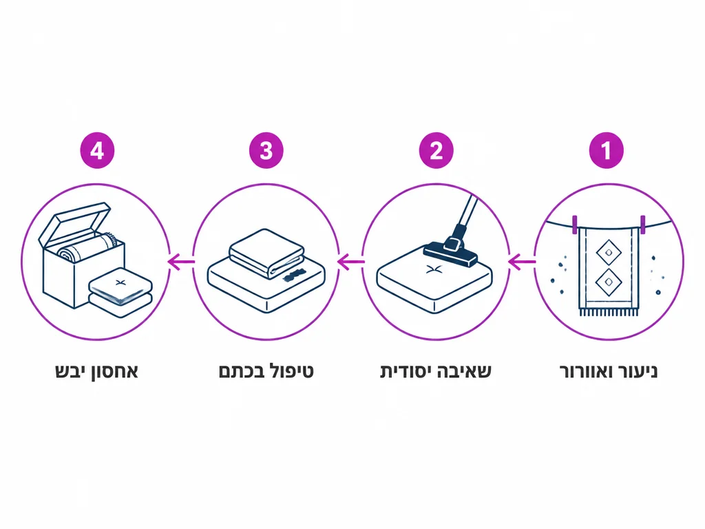 תרשים ארבעה שלבים לניקוי ואחסון שטיח וכריות ישיבה אחרי החג