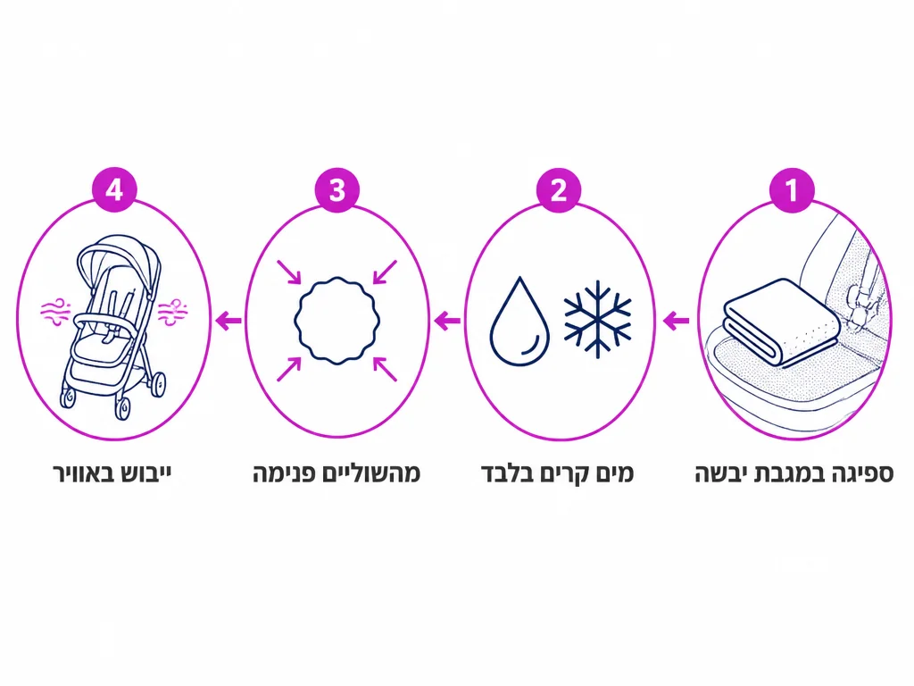 תרשים ארבעה שלבים לטיפול מיידי בכתם חלב על ריפוד עגלה