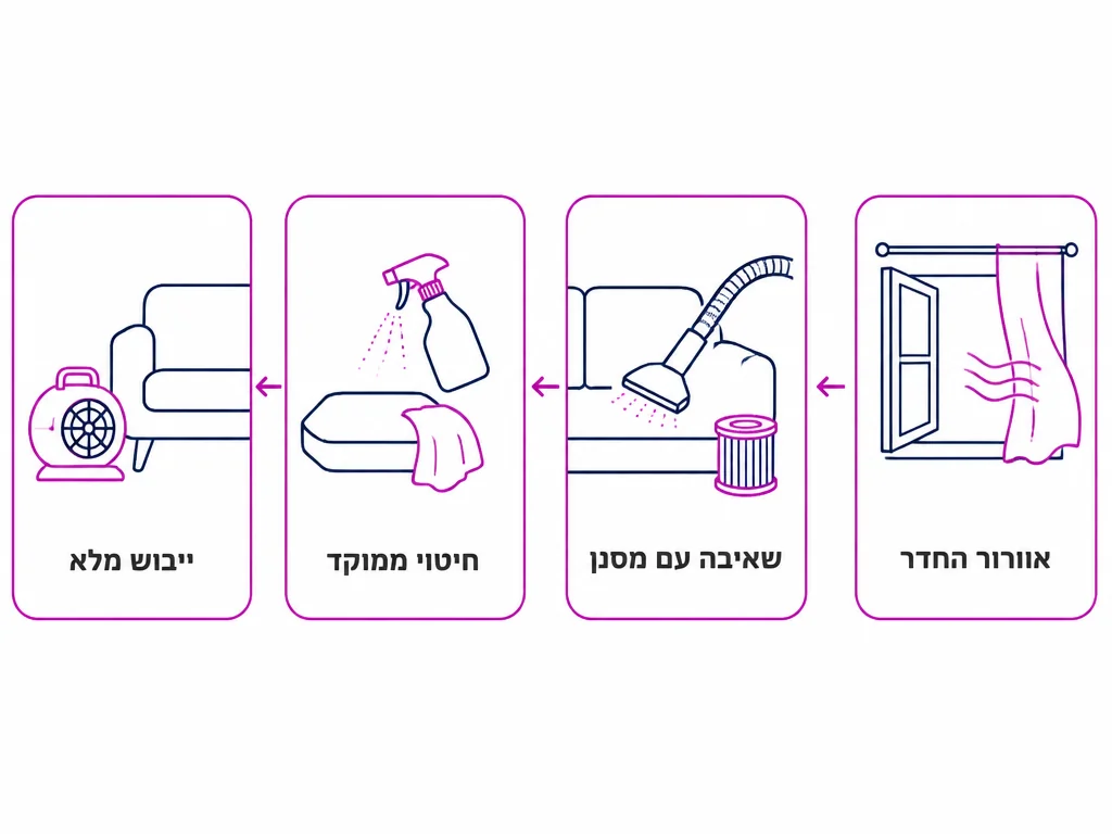 תרשים ארבעה שלבים בטיפול בריפודים בבית אחרי מחלה מדבקת