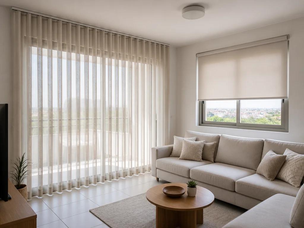 וילונות אנכיים ווילון רולר בחלון סלון ישראלי מואר באור יום
