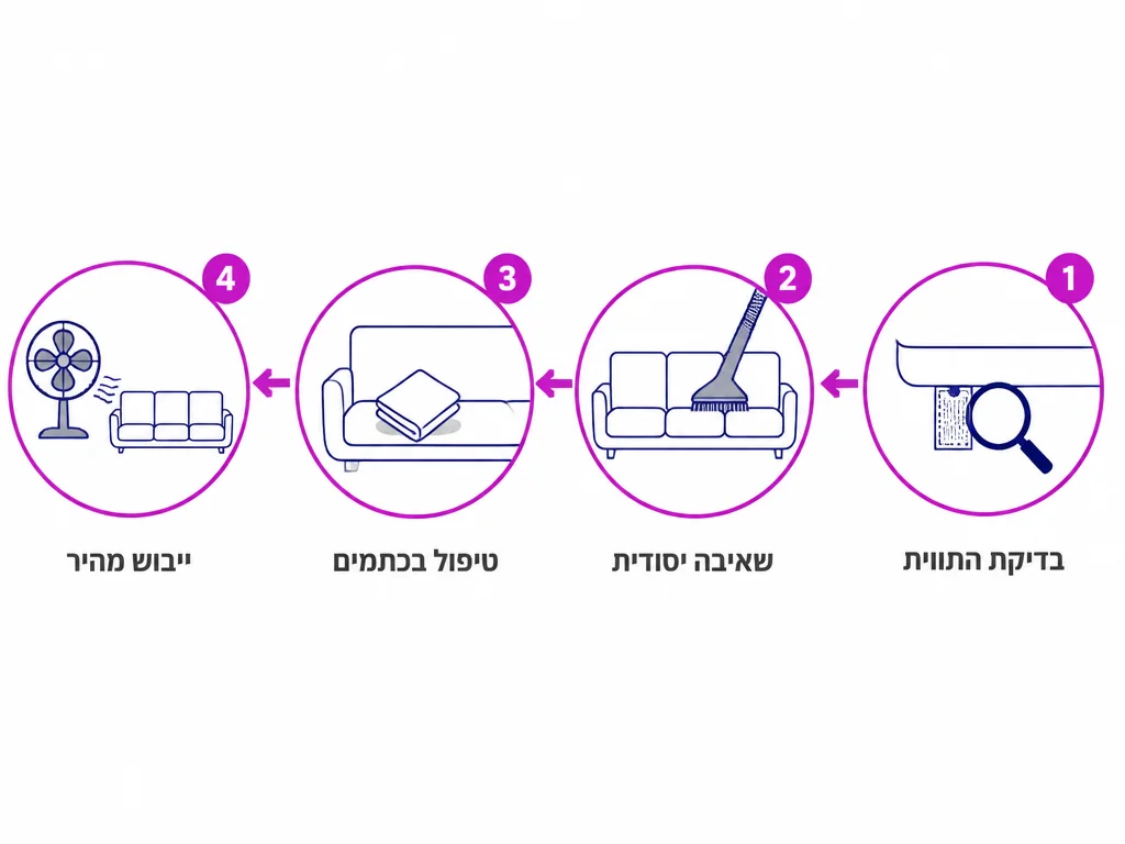 ארבעה שלבים לניקוי ספה בחדר המתנה עם ייבוש מהיר